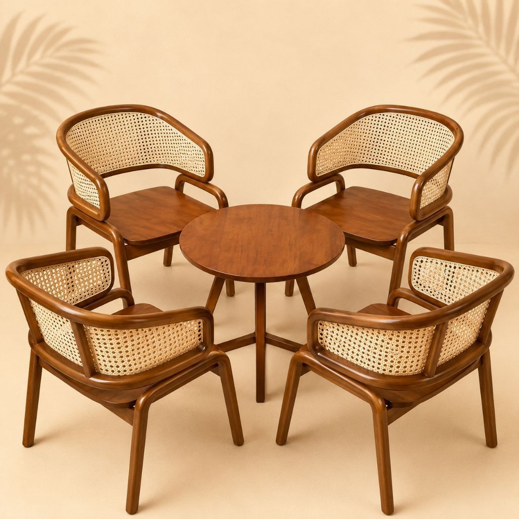 Set Kursi Teras Rotan Minimalis 4 Kursi + Meja Bulat Kursi Cafe Rotan