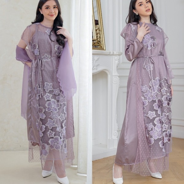 NAMELIS Taylor Dress - Party Dress Tile Floral Lilac Mauve Lavender untuk Pesta Kondangan Lamaran Tu
