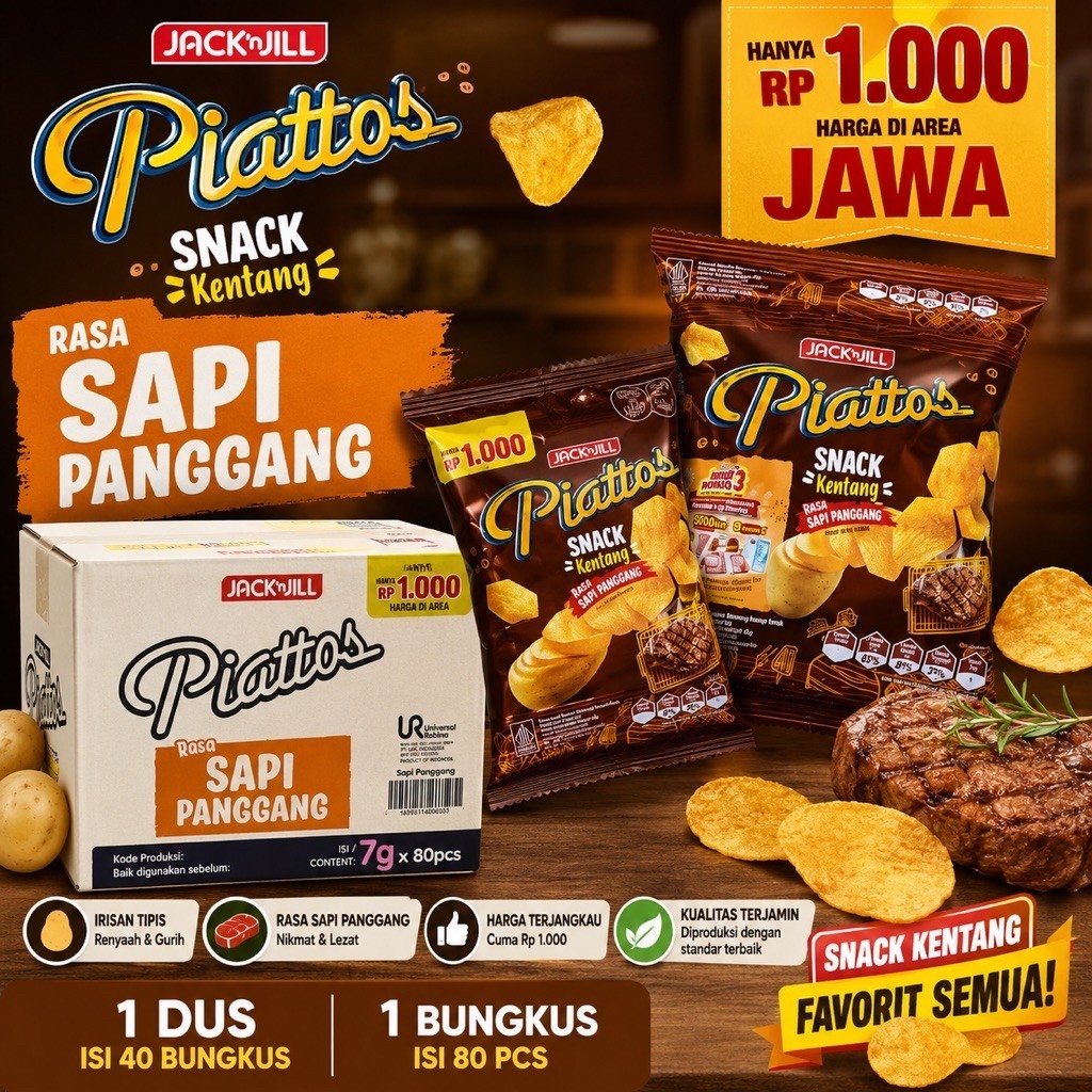 (1 Dus) Snack Kentang Piattos Sapi Panggang Gurih Garing 7gr