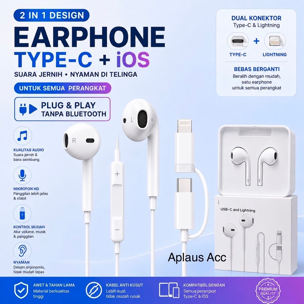 Headset Original Air Pods 2in1 Type C & Lightning Plug & Play Mic HD Call Universal Semua IOS dan Android Tipe C