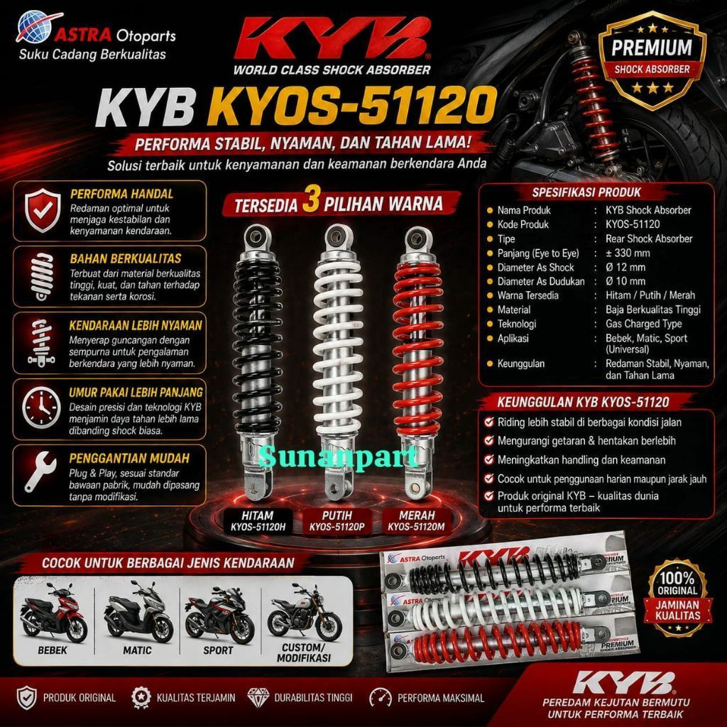 Shockbreaker Kayaba KYOS-51120 Premium 300mm untuk Motor Matic