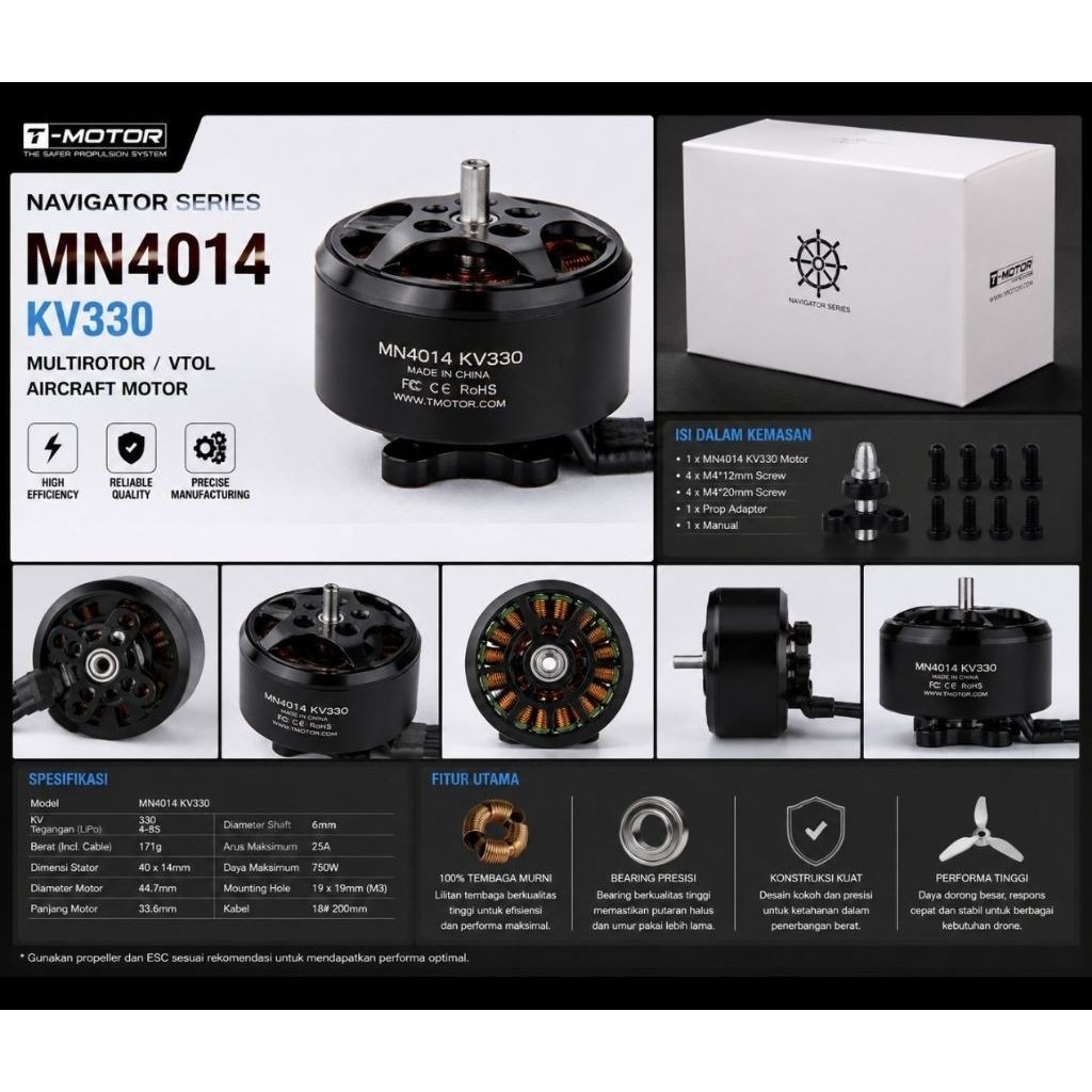 Motor Drone T-MOTOR NNavigator Series MN4014 KV330 Multicopter VTOL Aircraft Motor