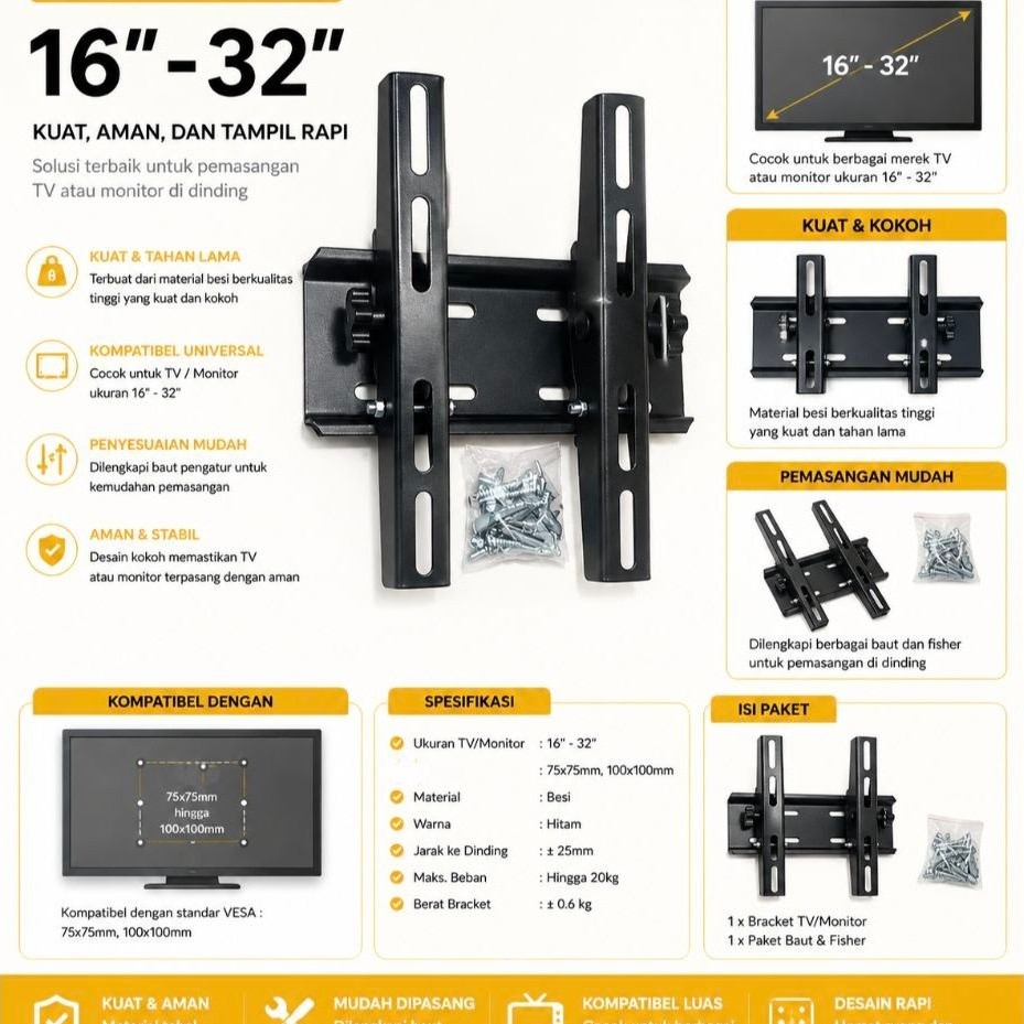 Bracket TV Monitor Dinding 16-32 Inch, Hitam