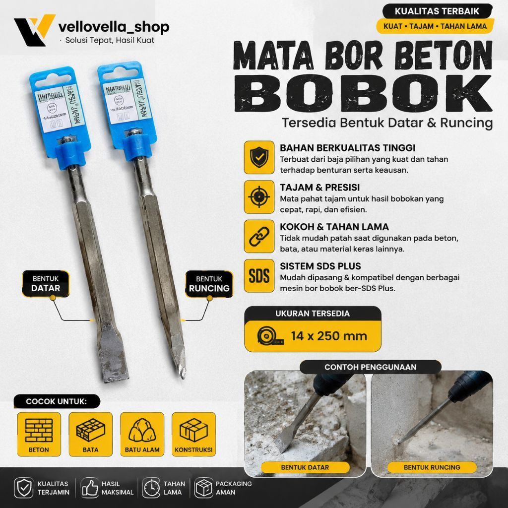 Mata bor beton Bobok SDS 14x250MM / Mata bor pahat beton bobok SDS type Runcing dan Flat gepeng