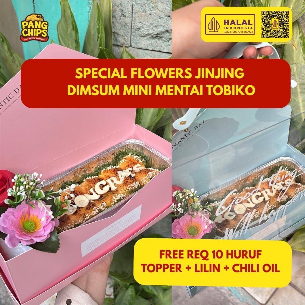 Special Flowers kotak Jinjing Dimsum Mini Mentai Tobiko | Dimsum Gift | Free Topper Lilin Chili Oil