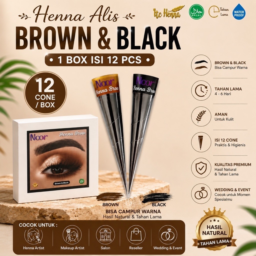 Henna Alis Coklat Hitam 12pcs | Brow Henna Cone | Henna Alis Tahan Lama | 1 Box