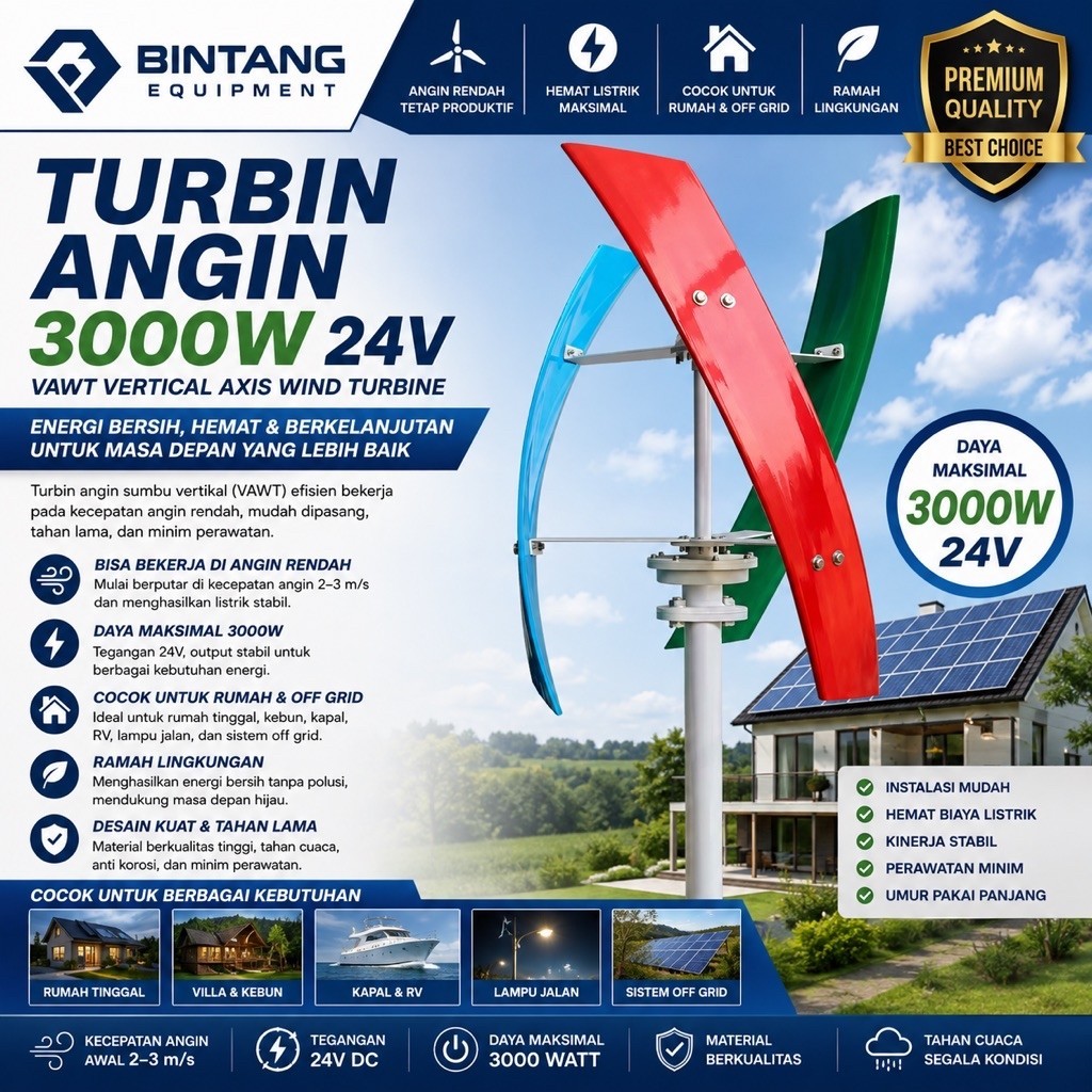 Turbin Angin 3000W 24V VAWT – Generator Listrik Hemat, Angin Rendah, Cocok Rumah & Off Grid