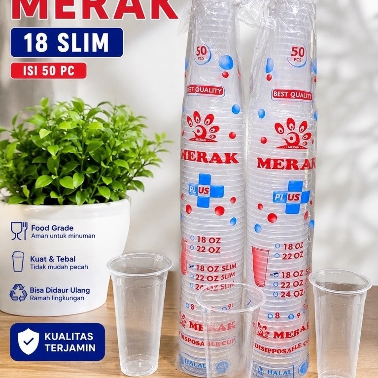 GELAS PLASTIK MERAK 18oz slim isi 50 pc bahan kuat untuk minuman panas dingin foodgrade