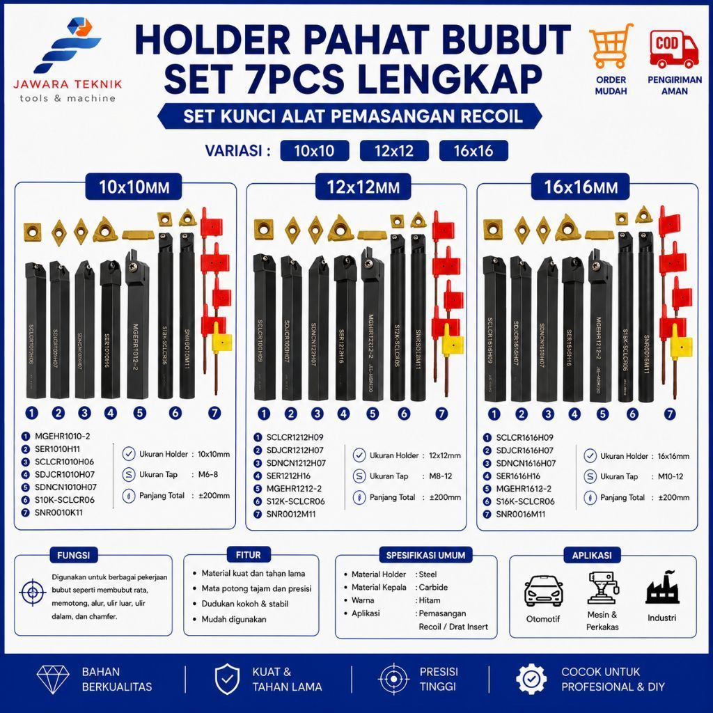 HOLDER PAHAT BUBUT SET 7PCS LENGKAP | 10x10 12x12 16x16 | Pahat Bubut CNC Manual Steel Carbide