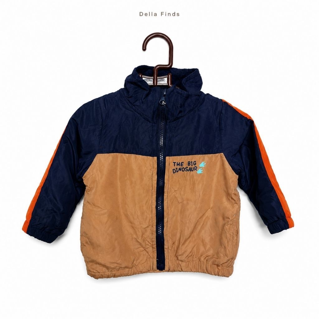 Della Finds - Jaket Anak Tebal Bulu Dalam Motif Dinosaurus Navy Brown Size 1 Tahun [Second Terawat]