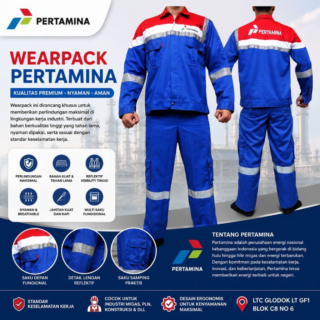 Setelan kerja Pertamina Wearpack lll A warna biru merah dengan reflektor lengan dan kaki