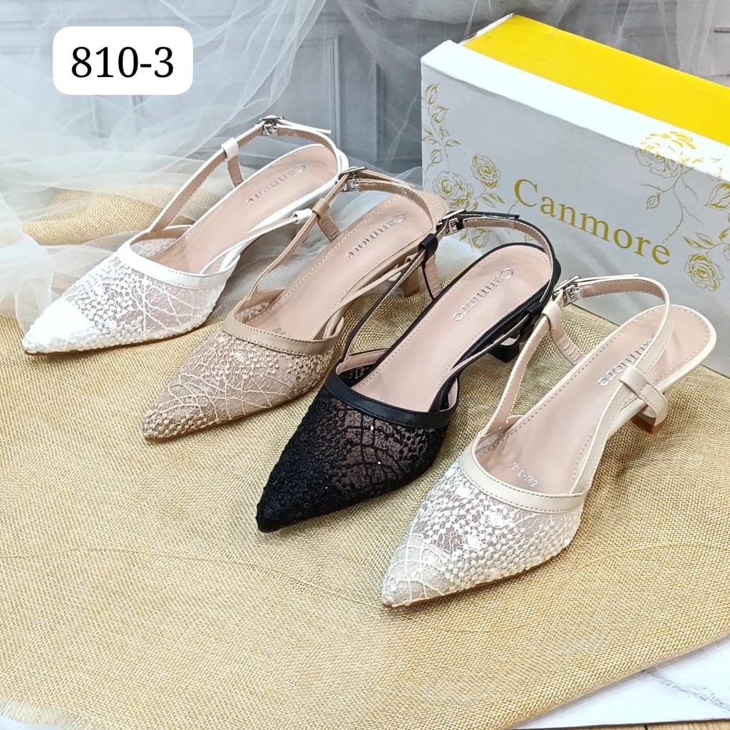 Sepatu High Heels Wanita Canmore 810-3 Poin Tipis Renda dengan Tali Bahu