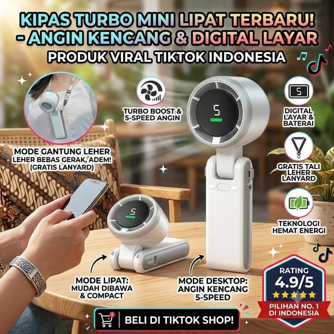 MAZITOV Kipas Angin Portable Turbo Mini, Kipas Lipat Bisa Dileher, High Speed Kencang & Hemat Listri