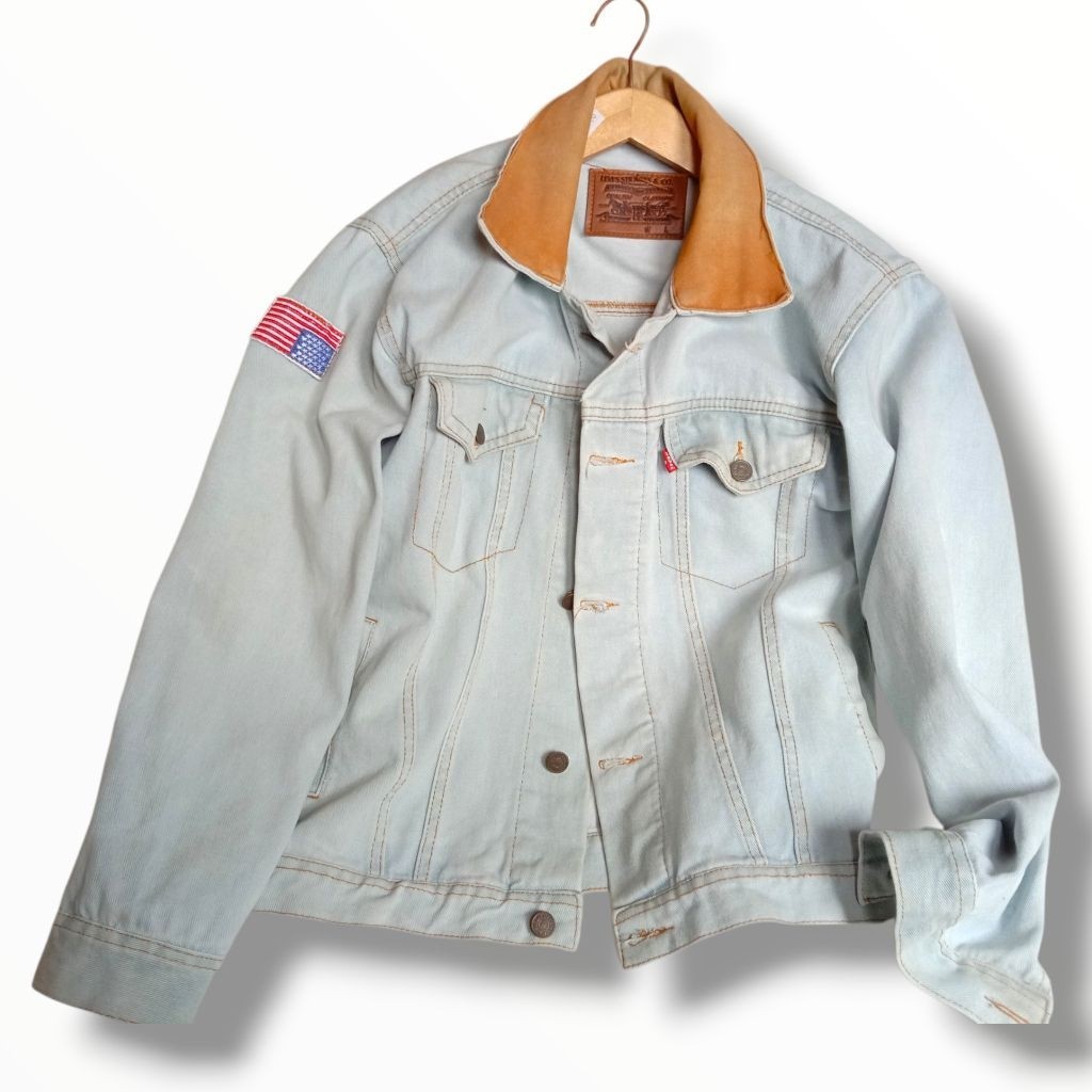Jaket Denim  Levis Dilan Model Kerah Kulit Coklat Jaket Jeans Pria , Second Bio Blitz Size Xl