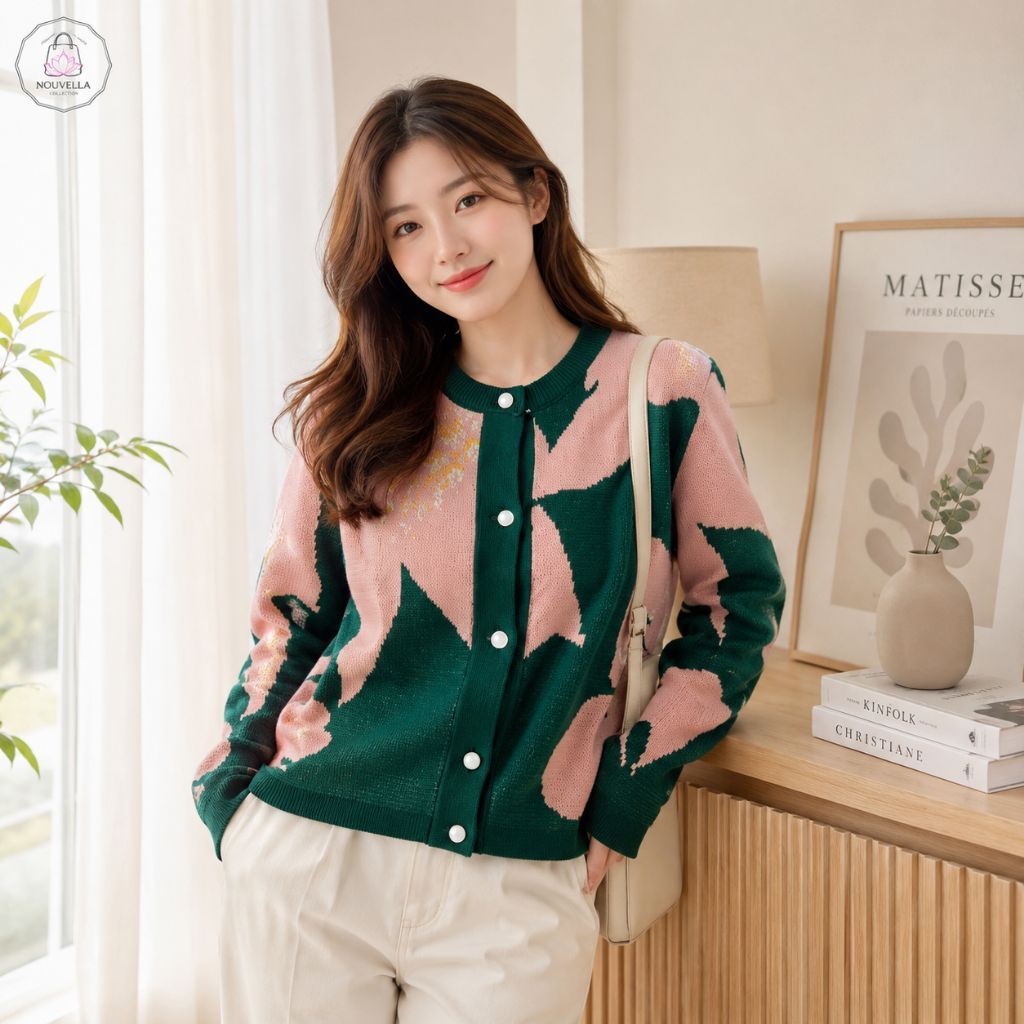 Cardigan Rajut Motif Bunga Floral Lengan Panjang Outer Wanita