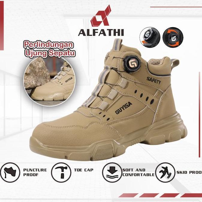 Alfathi Sepatu Safety Boots Brown Tactical Anti Tusukan Non Slip Ujung Besi Kulit Sintetis Unisex Si