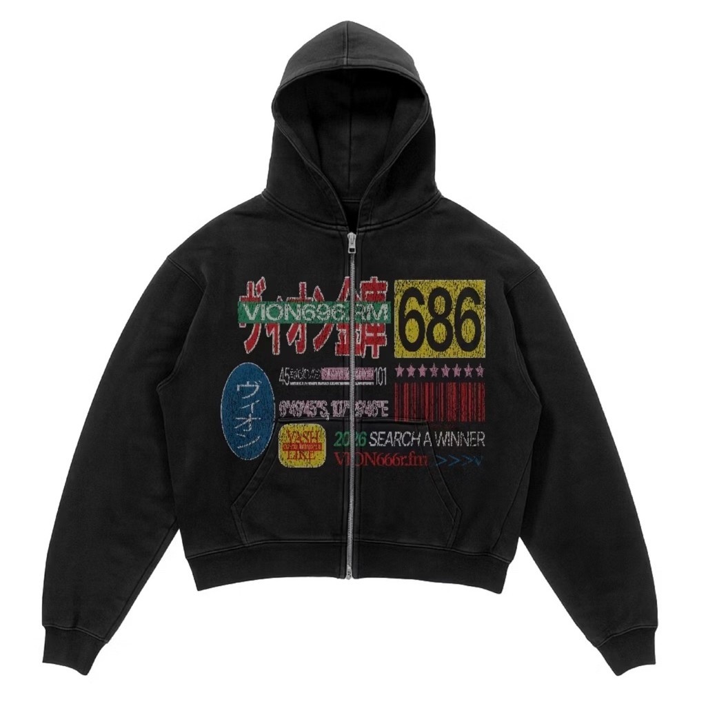 Hoodie Boxy Double Zipper 686 Black Unisex