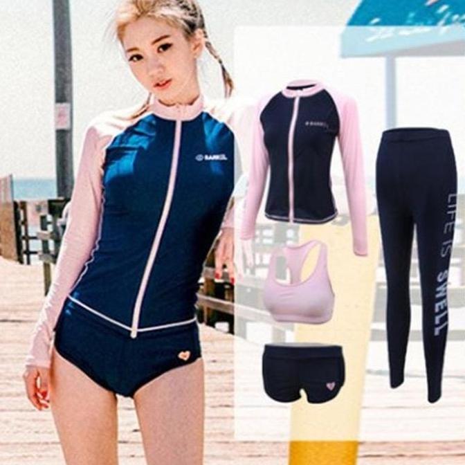 Hisanama3 - Barrel Pink Navy Bikini Set 4 Pcs / Pink Bikini Set Swimsuit Wanita / Korean Swimwear / 