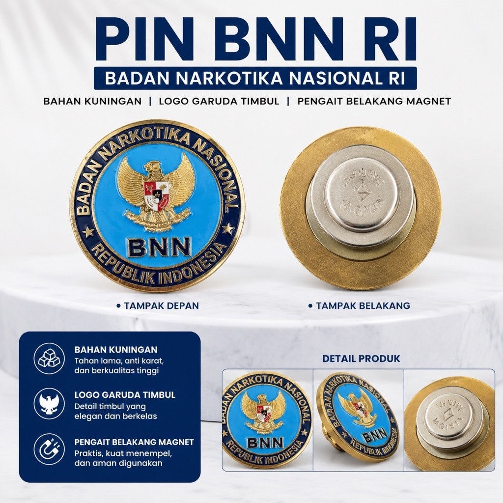 Pin BNN RI Badan Narkotika Nasional RI logo Garuda Timbul bahan kuningan dengan magnet