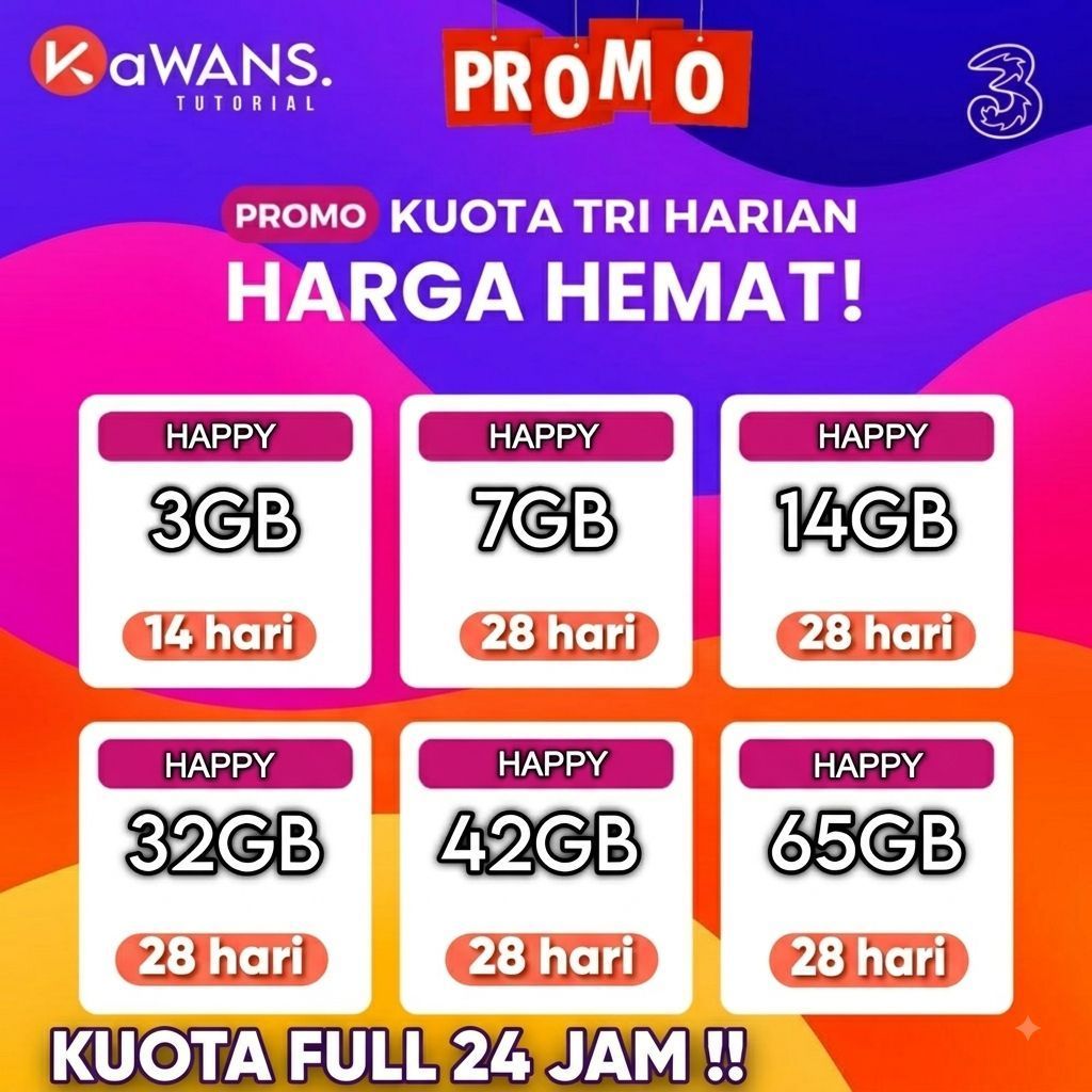 Paket kuota internet TRI 3 AON, Happy Unlimited Nasional , Kuota 24 Jam