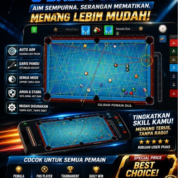TOOL GARIS PANJANG 8 BALL POOL VIP AUTO WIN - MJW PROAIM AIM ASSIST BILIAR ANTI BAN NO ROOT TERBARU
