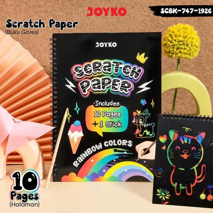 SUSTOMA JOYKO Scratch Paper Rainbow Buku Gambar Ajaib 10 Lembar + 1 Stik Kayu