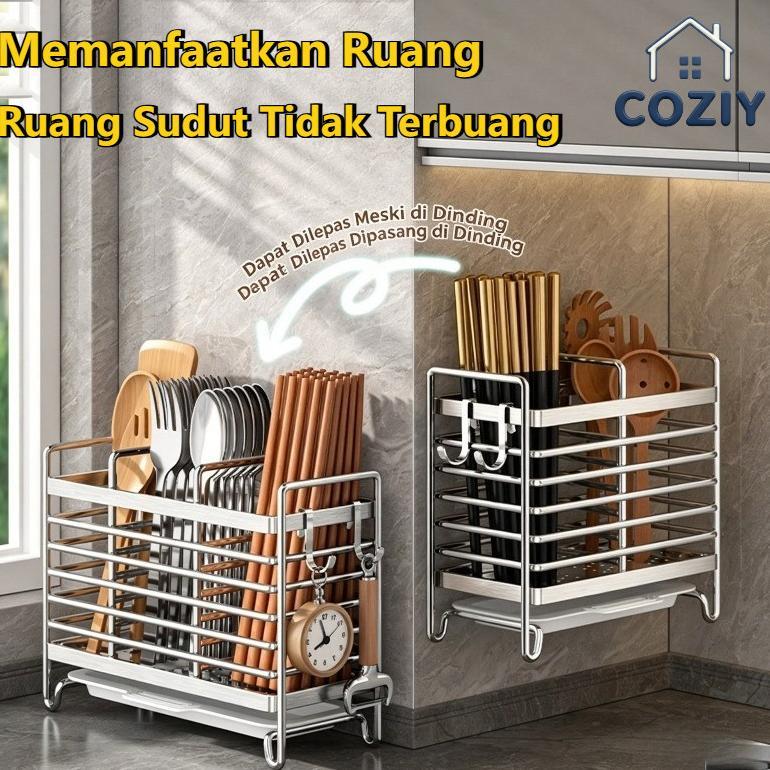 COZIY Rak Dapur Tempat Sendok Garpu Stainless steel fungsi tiris pemasangan tempel tanpa pengeboran