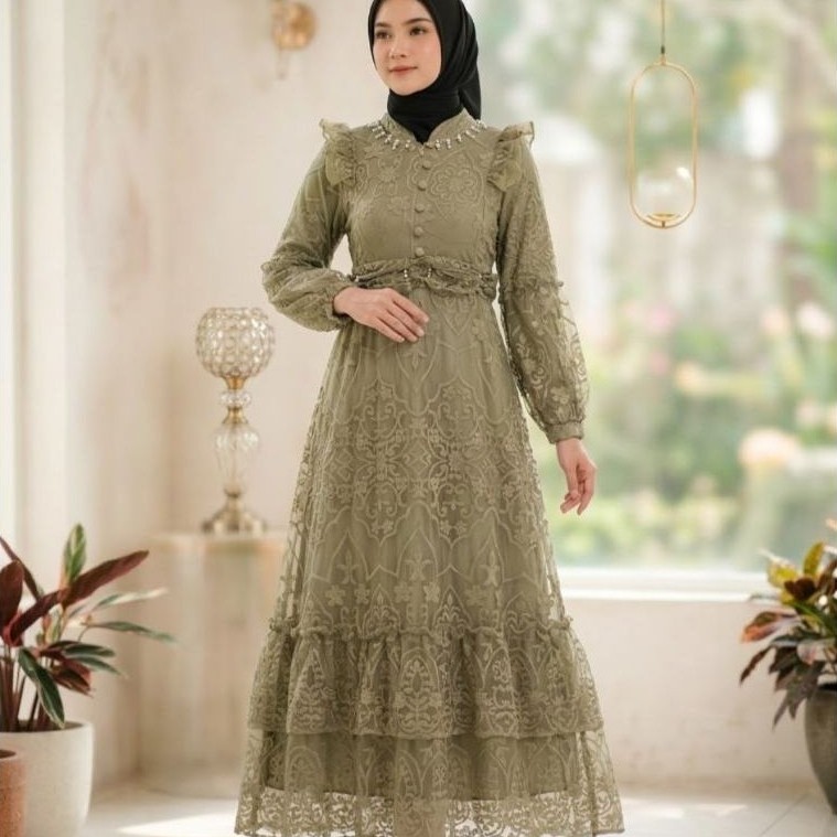 Gamis dress Cantika brukat malicca LD 110 dan 120cm panjang 140 cm