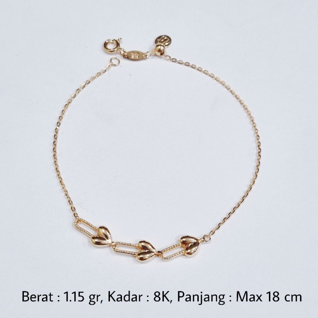 Gelang Serut Peniti Hati Emas UBS 8K Maksimal 18 cm - MA6 / 1.15 gram