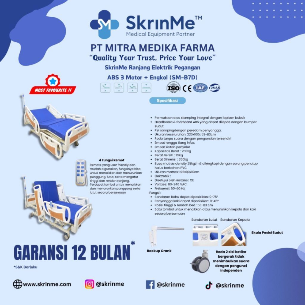 SKRINME HOSPITAL BED ELECTRIC 3 MOTOR KUPU + MANUAL ENGKOL