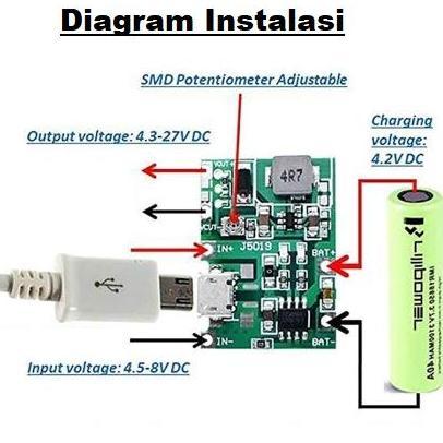 Modul Tp4056 Charger +Mt3608 Step Up Boost 18650 Battery Cas Micro Usb