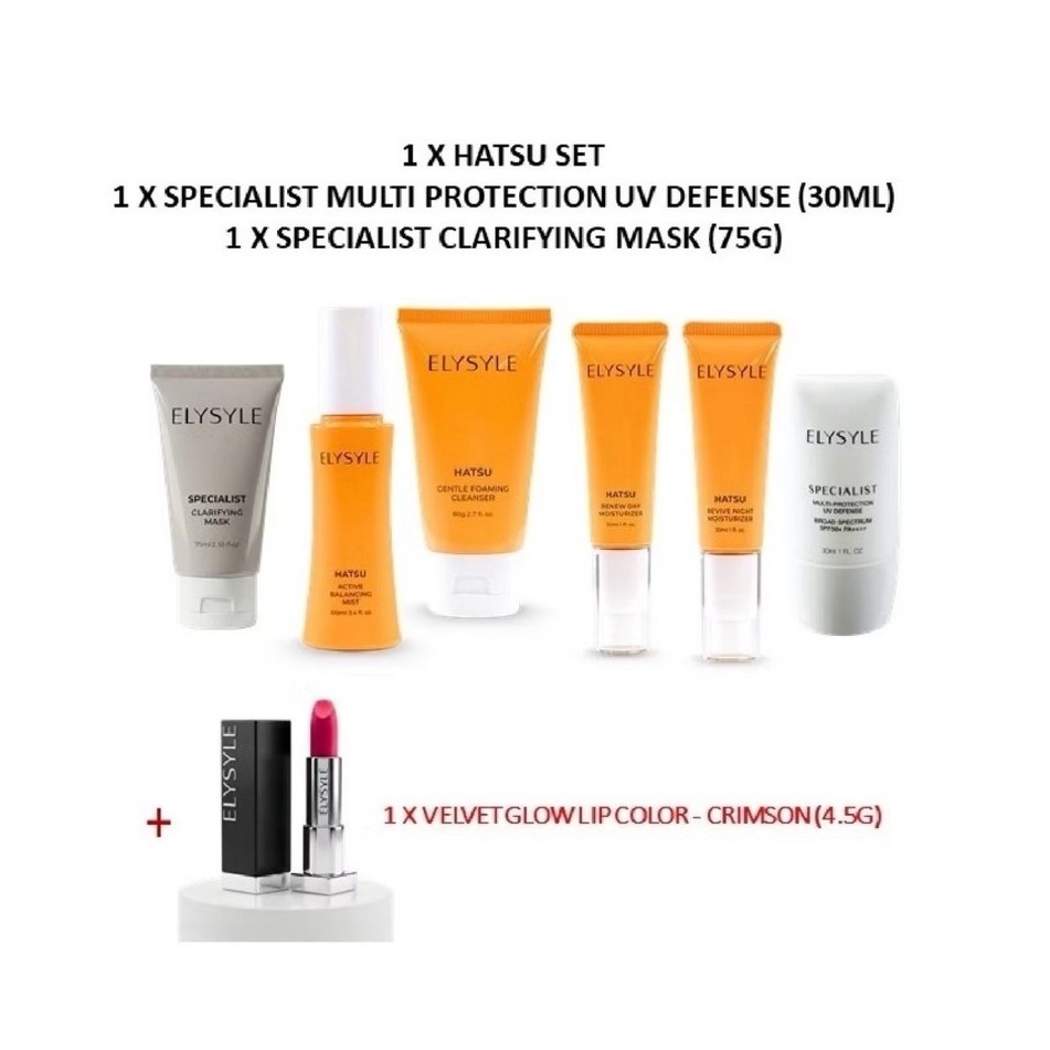 Promo Elysyle Skincare Bundle: Hatsu Set + UV Defense + Clarifying Mask + Free Lip Color Jafra