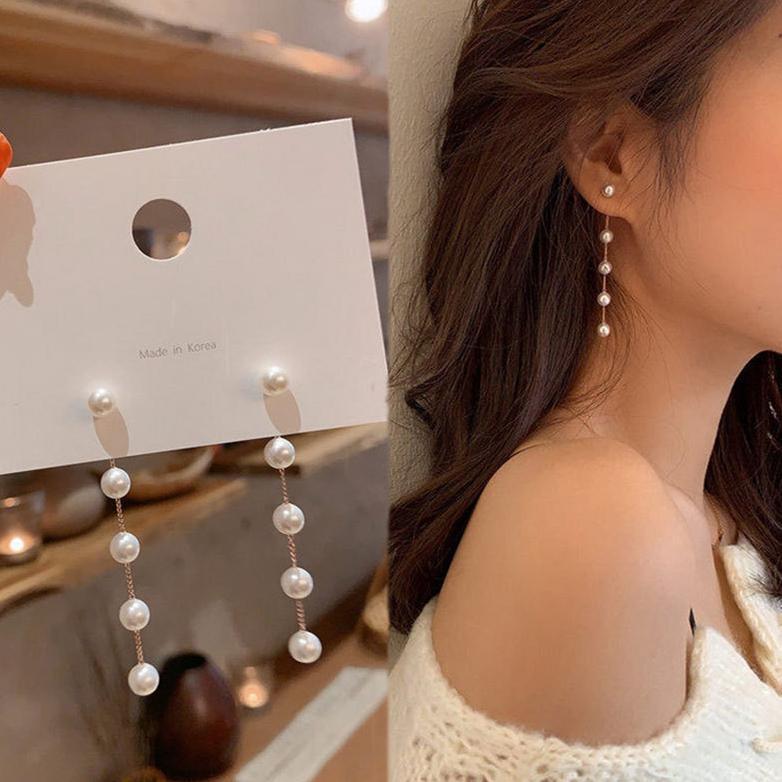 Anting mutiara wanita, mutiara imitasi, anting mutiara temperamen, anting rumbai rantai panjang