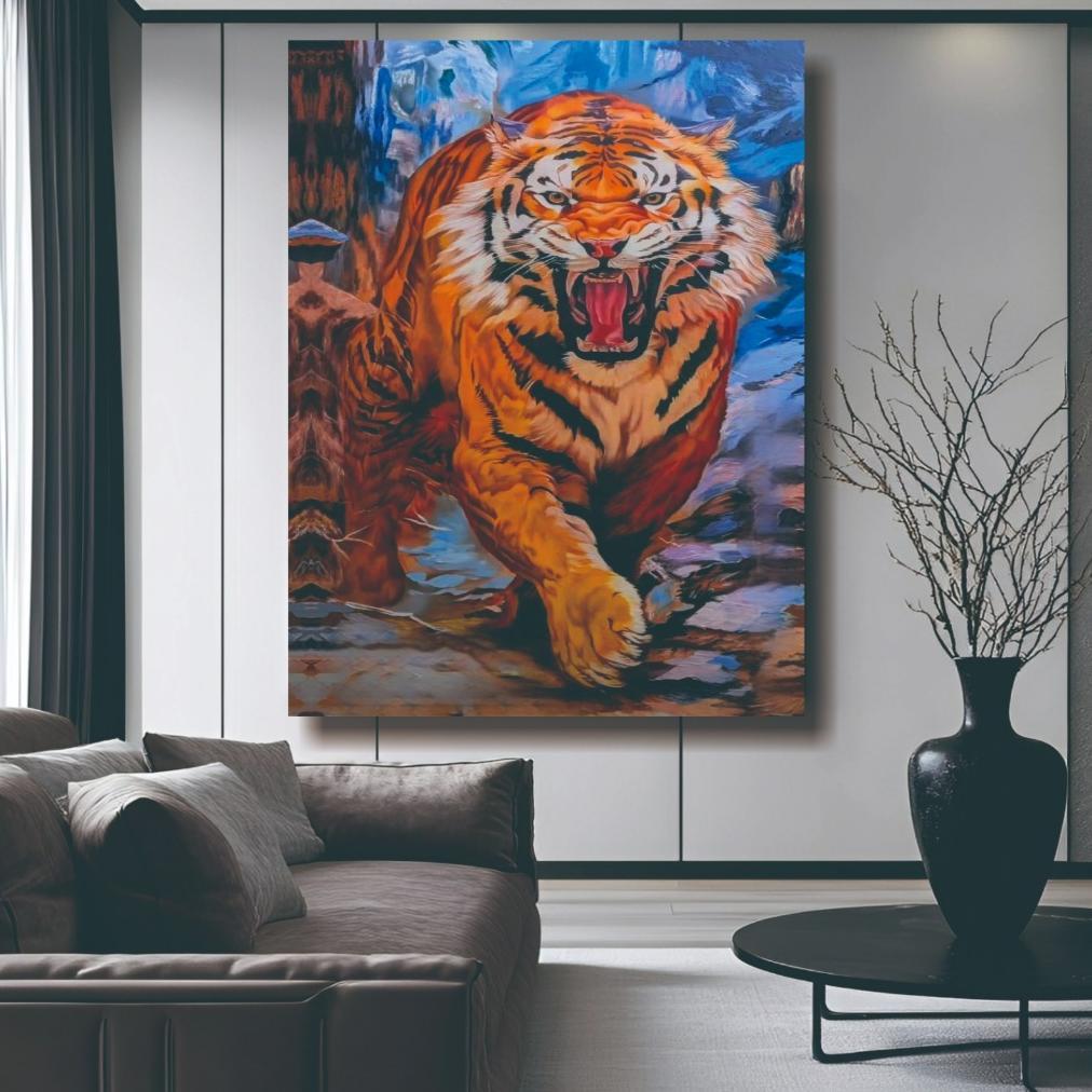 Hiasan Dinding Macan Loreng Biru Media kain kanvas Premium Proses Digitalprint