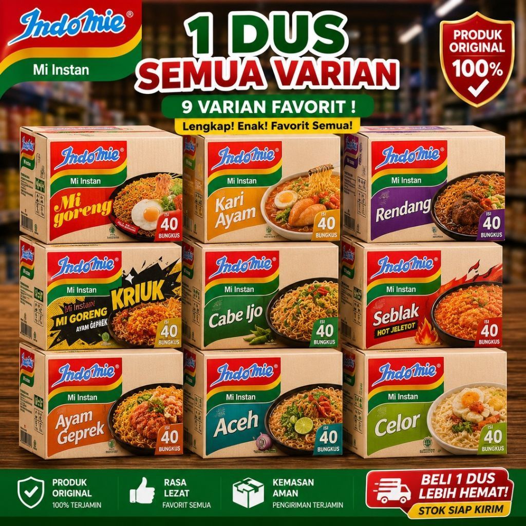 Indomie 1 Dus 40pcs Semua Varian Lengkap | Indomie Goreng, Kari Ayam, Kriuk, Rendang, Celor, Ayam Ge