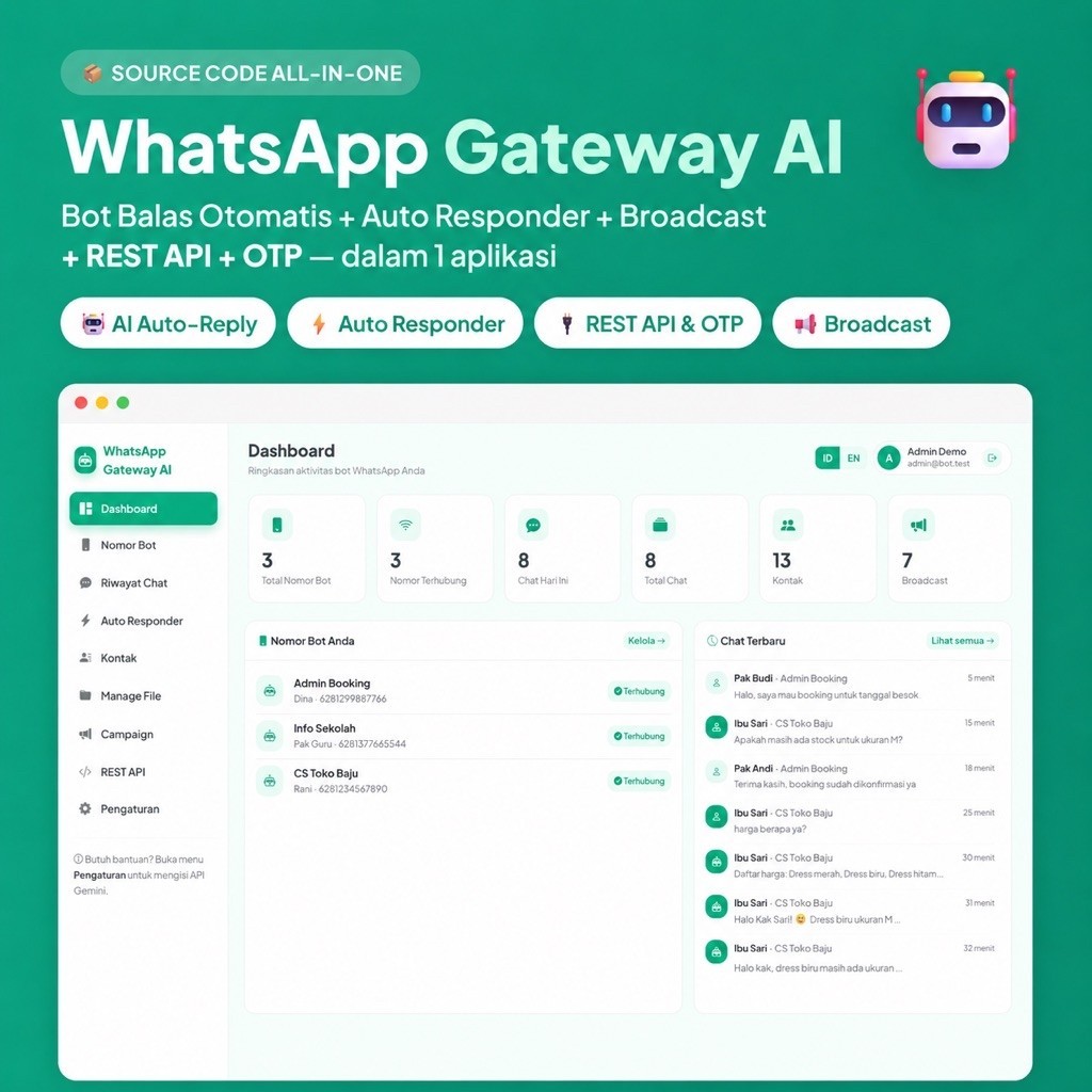 WhatsApp Gateway AI — Bot Auto Reply Chatbot Gemini, Broadcast, REST API, OTP, Multi Device | Source