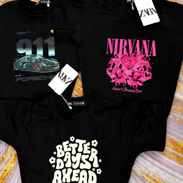 Kaos wanita hitam ZARA motif 911 Porsche, Nirvana Heart Shaped Dex, Better Days Ahead