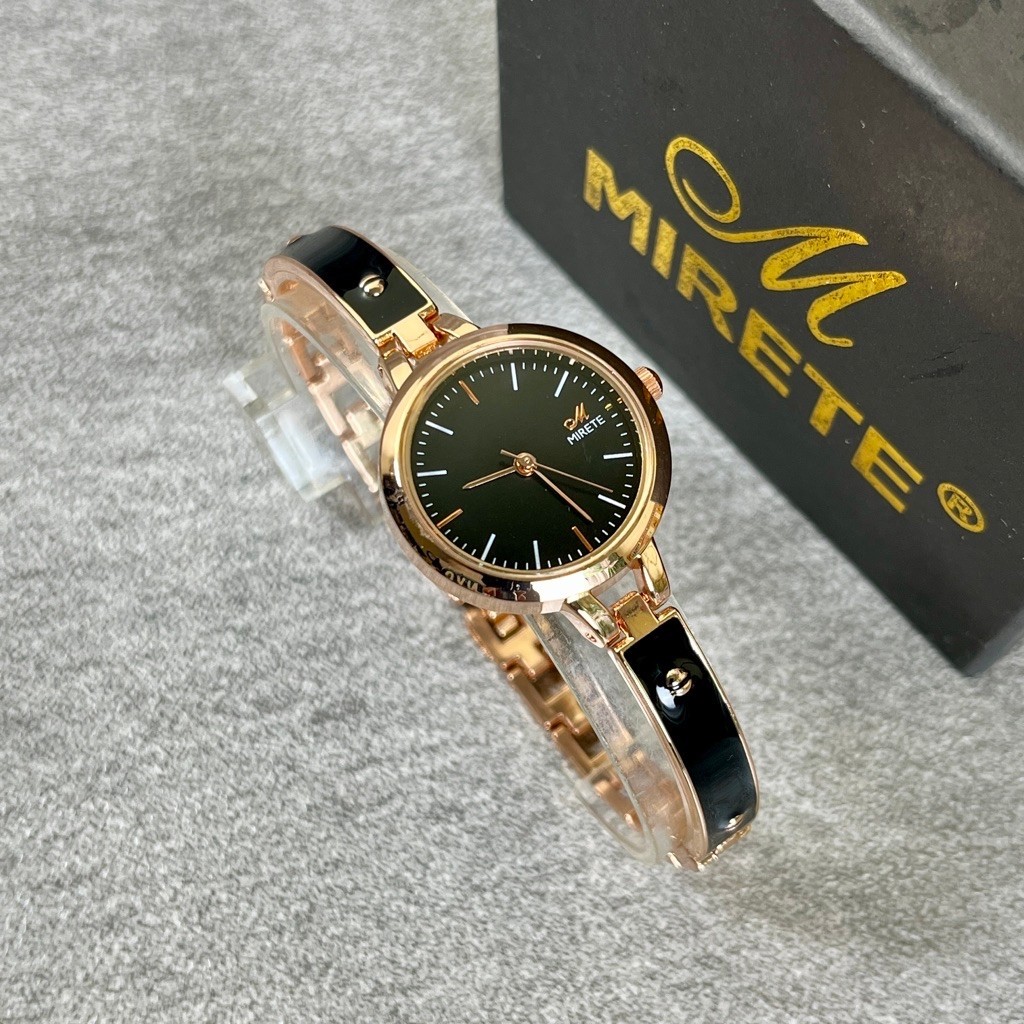 MIRETE R298 Jam Tangan Wanita Fashion Elegan Rosegold Putih. Model Setengah Gelang Analog Quartz Str