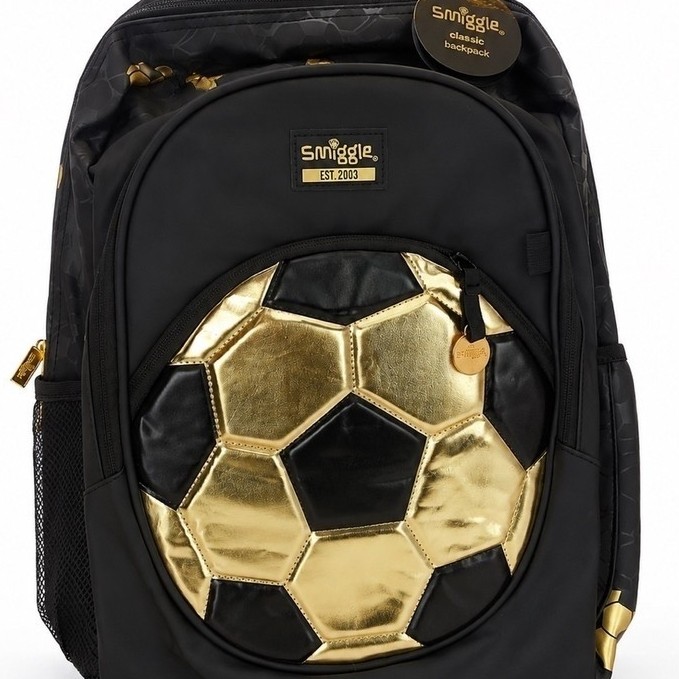 Tas Ransel Smiggle Classic Backpack Motif Bola Sepak Hitam Emas