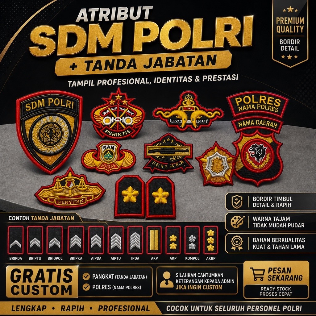 Atribut SDM Polri Badge Atribut Polda/Polres Logo SDM Polri Lengkap Custom Bordir Atribut Polri Leng