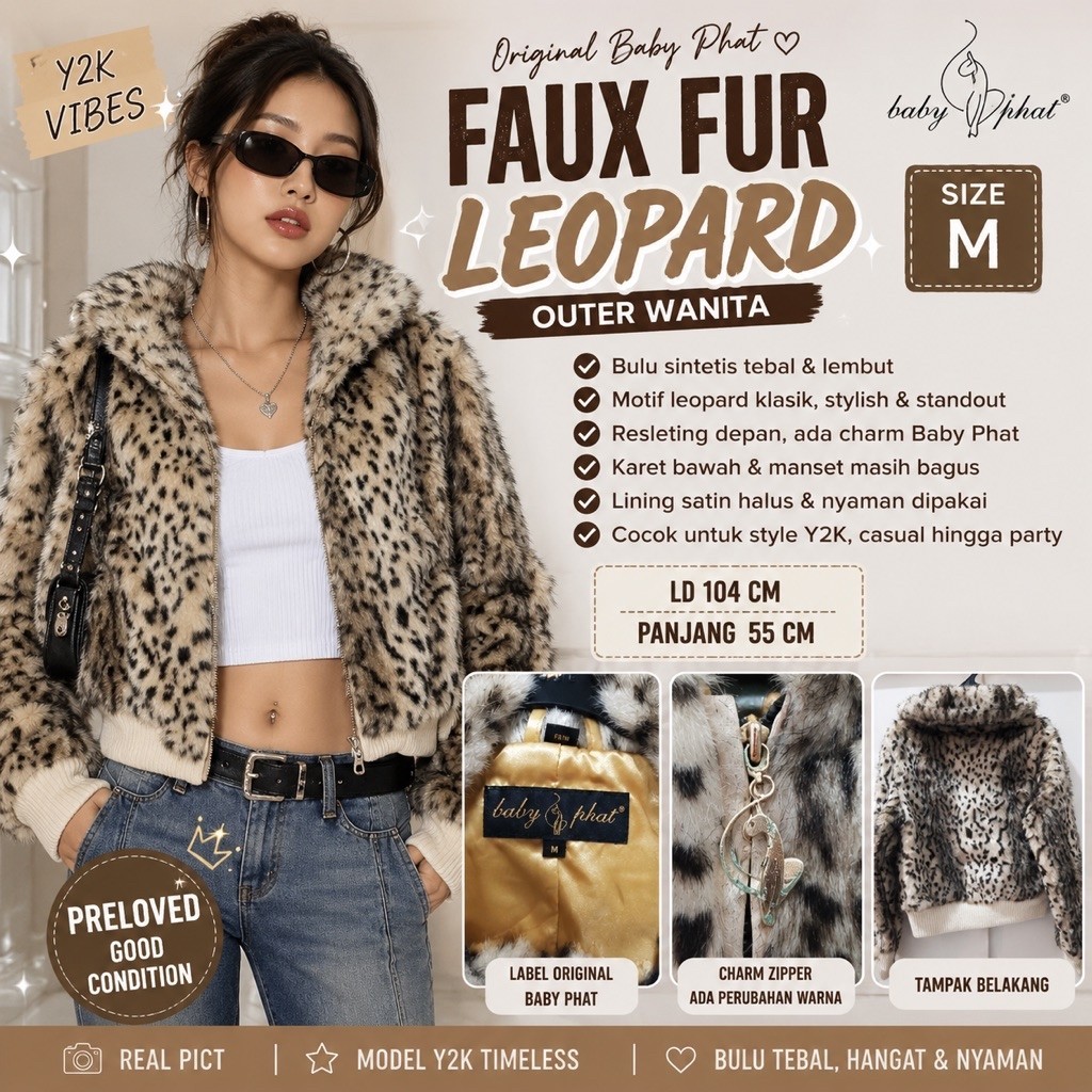 Outer Wanita Baby Phat Faux Fur Leopard Size M Bulu Sintetis Y2K LD 104