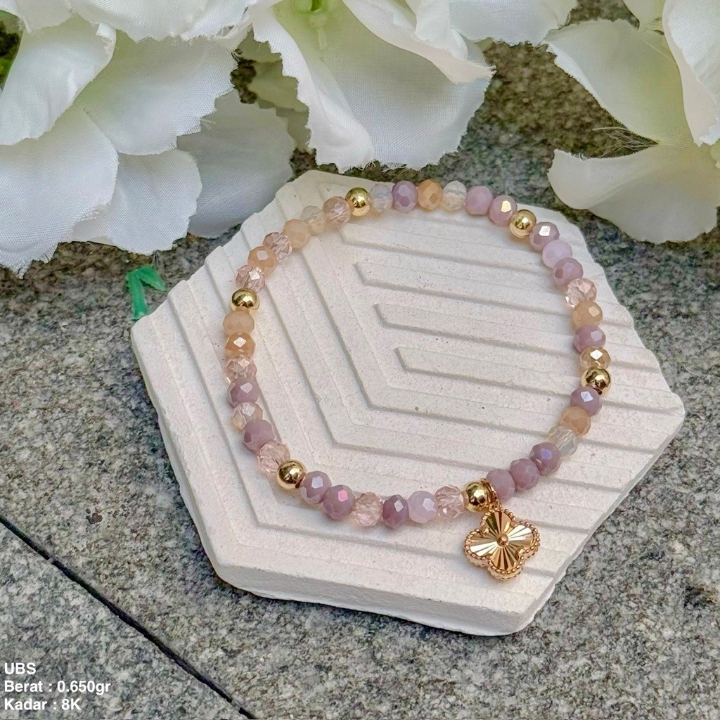 Perhiasan Gelang Kristal Charm Emas Clover dan Boneka UBS 8k/375