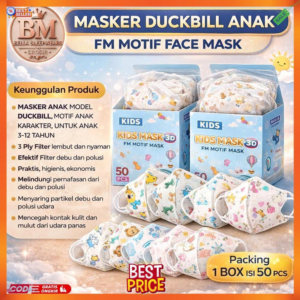 BELLA | 50pc | MASKER DUCKBILL ANAK MOTIF KARAKTER KIDS FACE MASK MASKER ANAK KIDS MASK DUCKBILL 3D 