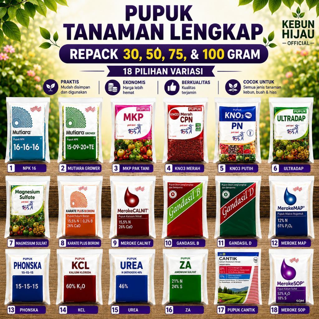 PAKET PUPUK TANAMAN LENGKAP Kemasan Repack 30 50 75 dan 100 gram| NPK16 Pak Tani Karate plus Boroni 