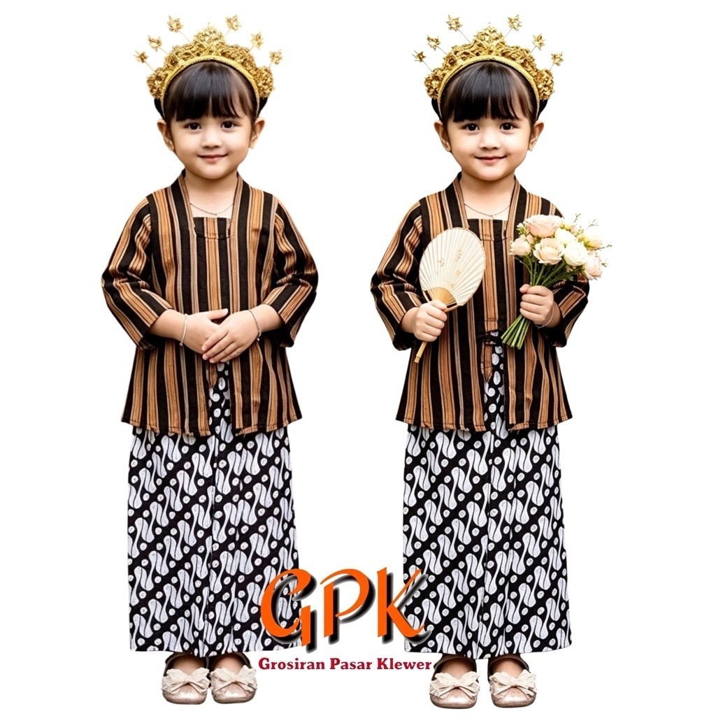 SETELAN Baju Surjan Cewek Kebaya Lurik Jawa ANAK + Jarik Wiru Jarik Instant Batik Putih