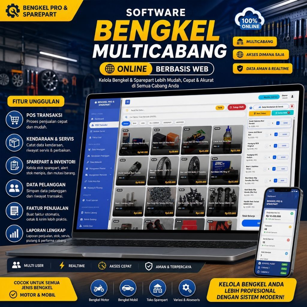 Software Bengkel Multicabang Online Berbasis Web untuk Bengkel Motor Mobil Toko Sparepart