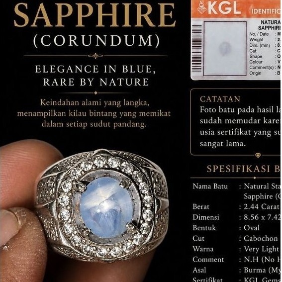 Natural Star Blue Sapphire Burma No Heat Ring Perak Size 18 Sertifikat KGL