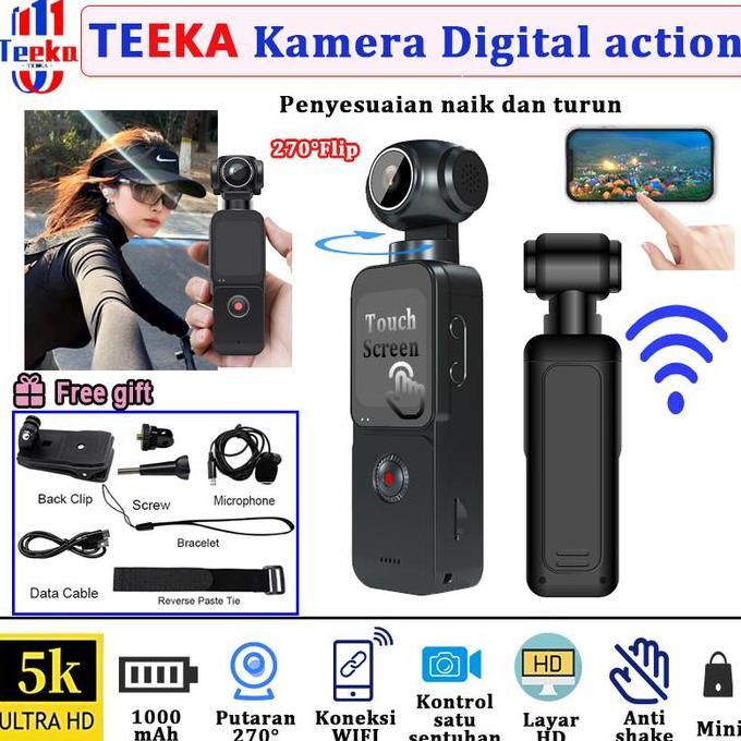 TEEKA [Action 2] 5K Camera Mini WIFI Kamera action Touch layar HD 270 Pocket WIFI Camcorder Body Cam