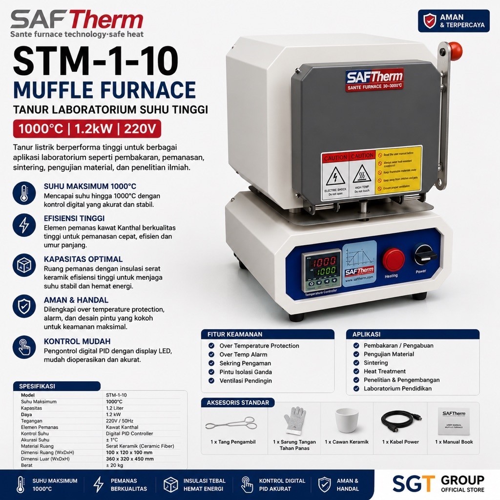 SAFTherm STM-1-10 Muffle Furnace 1000C 1.2KW 220V High Temperature Furnace Tanur Laboratorium Furnac
