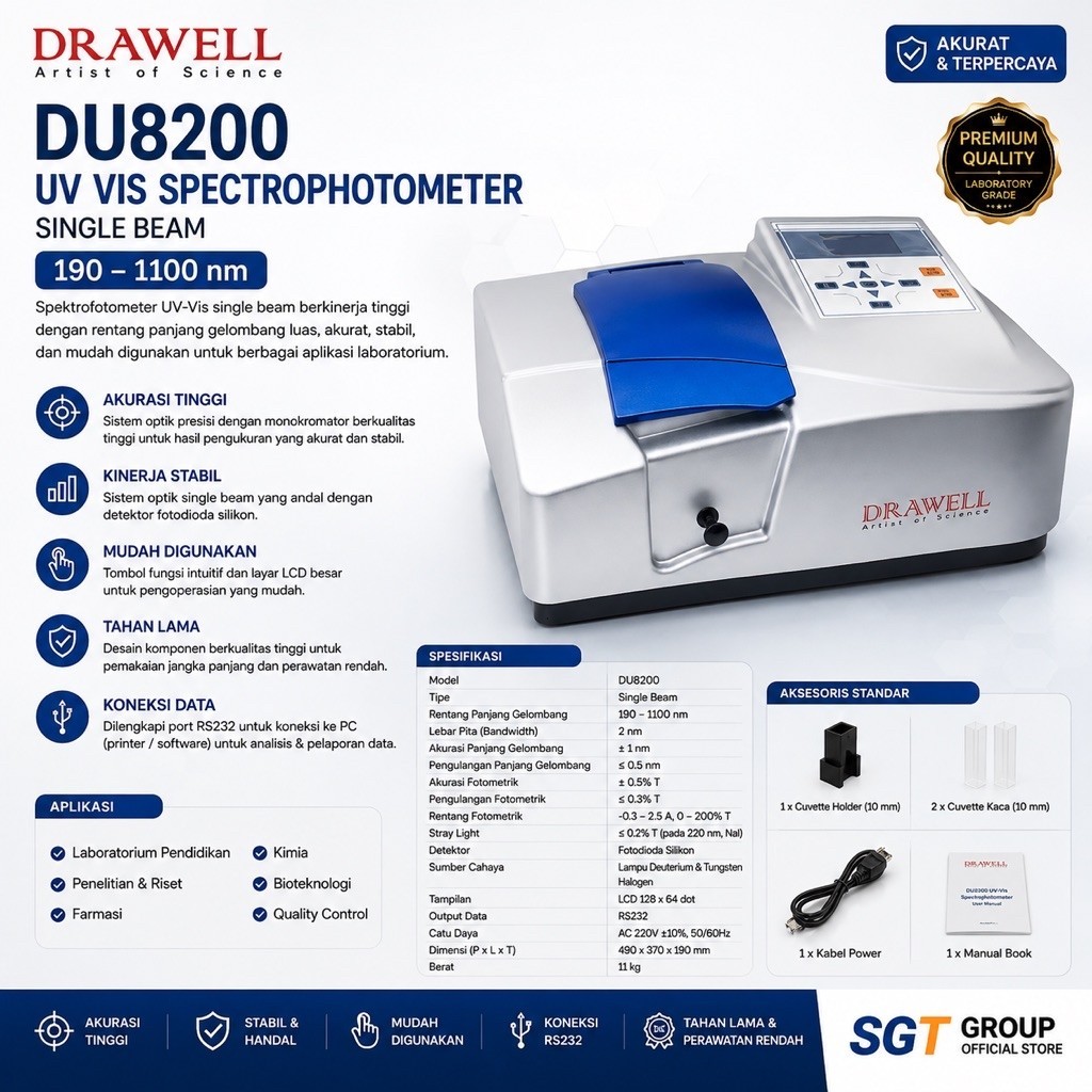 DRAWELL DU8200 DU-8200 UV VIS Spectrophotometer Single Beam 190-1100nm UV Visible Spectrophotometer 